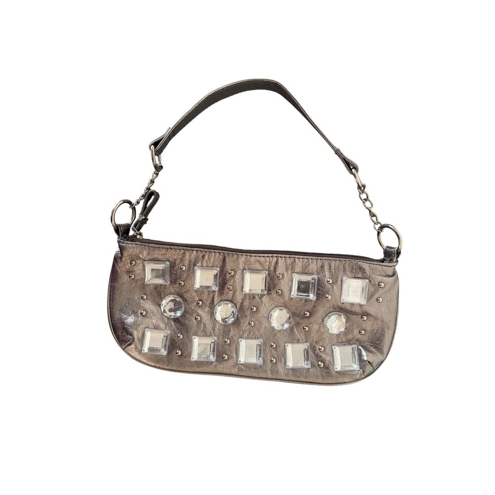 90s Vintage Handbag Chateau Silver Bag with Studs, Rhinestones and chain strap
